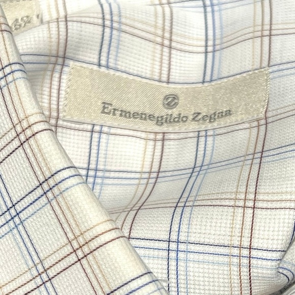 ERMENEGILDO ZEGNA WHITE W BLUE & BROWN GRID PATTERN CHECKED COTTON DRESS SHIRT - Picture 6 of 11